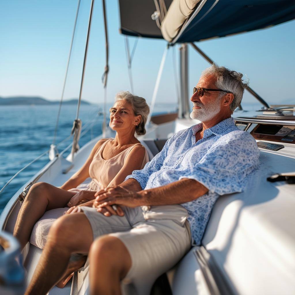 middle aged couple relaxing on a yatch show a fair amount of boat